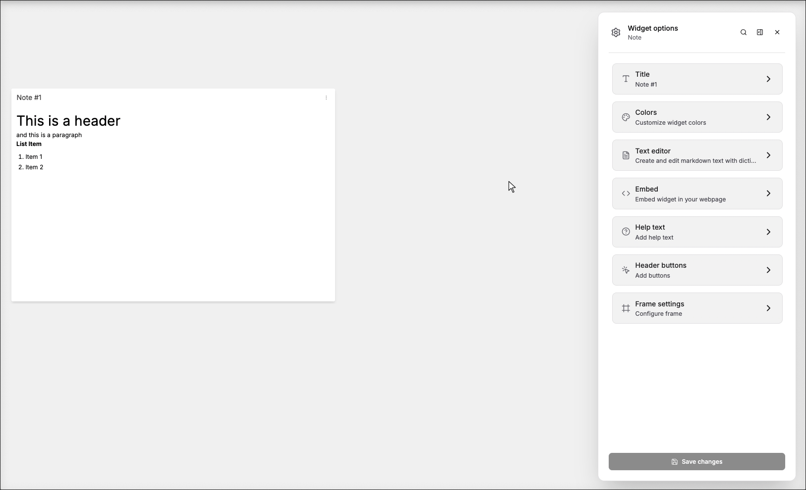 Note widget editor screenshot