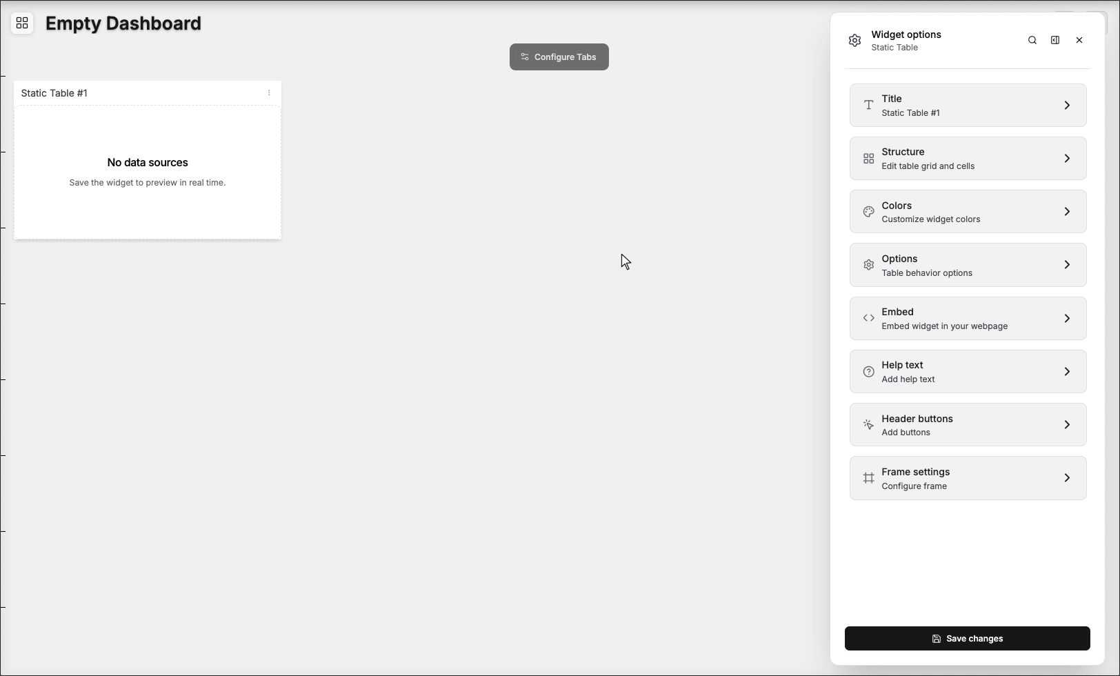 Static table editing screen